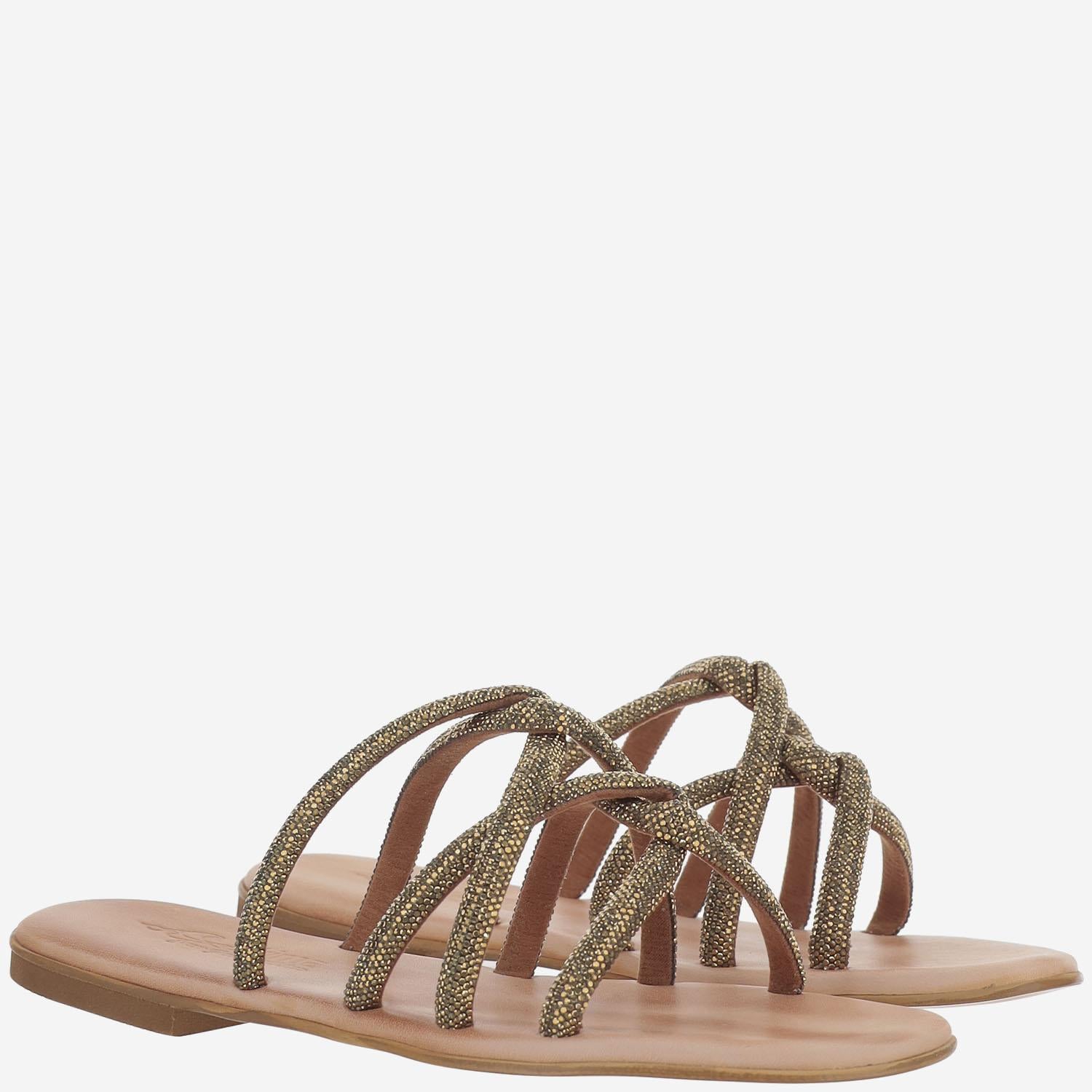 SANDALI IN PELLE CON STRASS TASO BRONZO KIMA