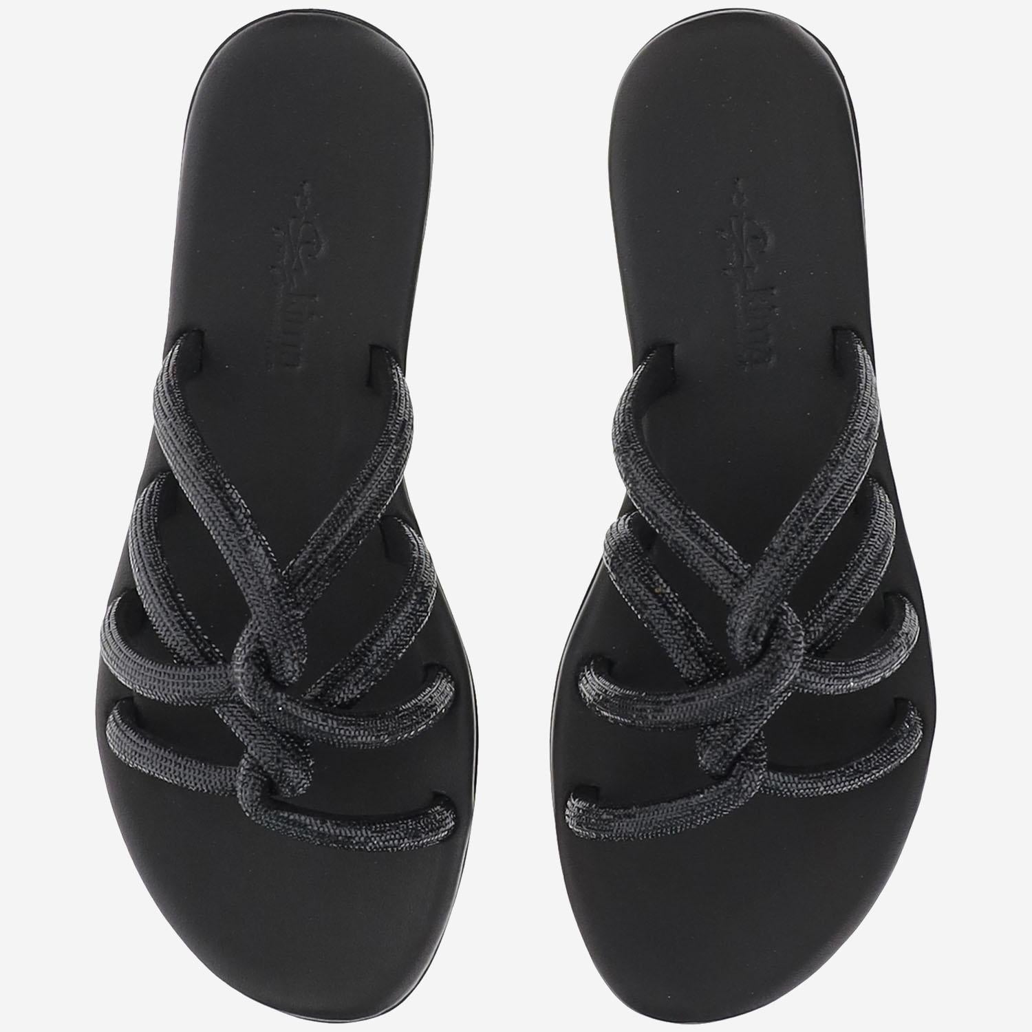 SANDALI IN PELLE CON STRASS TASO NERO OPACO KIMA