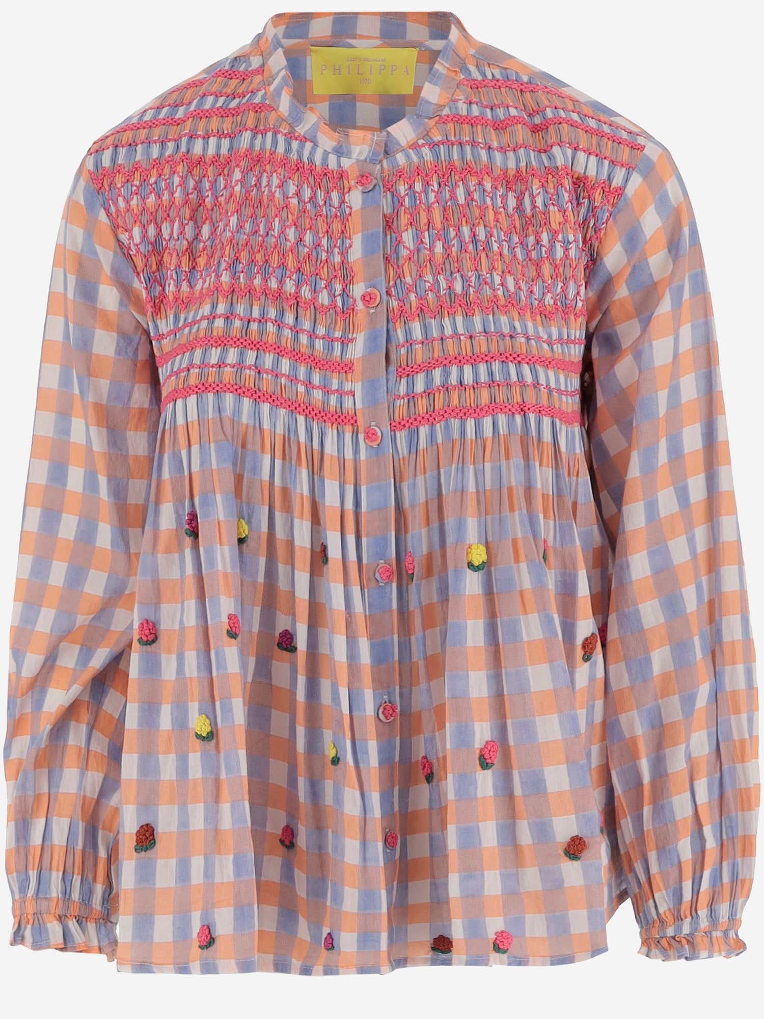 CAMICIA IN COTONE CON RICAMO FLOREALE E SMOCKING ADRIANA BLUE PHILIPPA 1970 