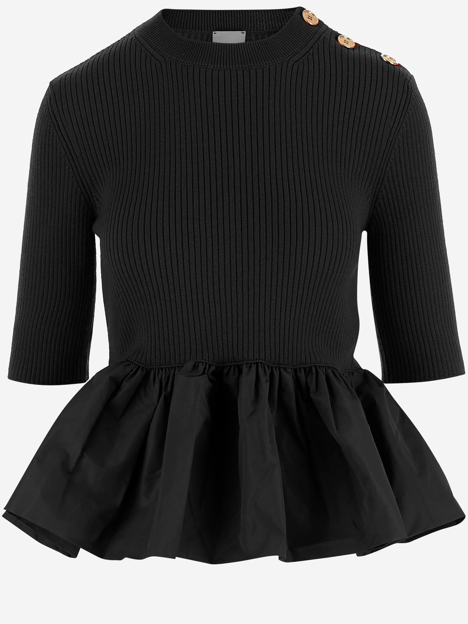 MAGLIONE A COSTINE CON FONDO CON RUCHE IN LANA E FAILLE KN2738040 999B PATOU 