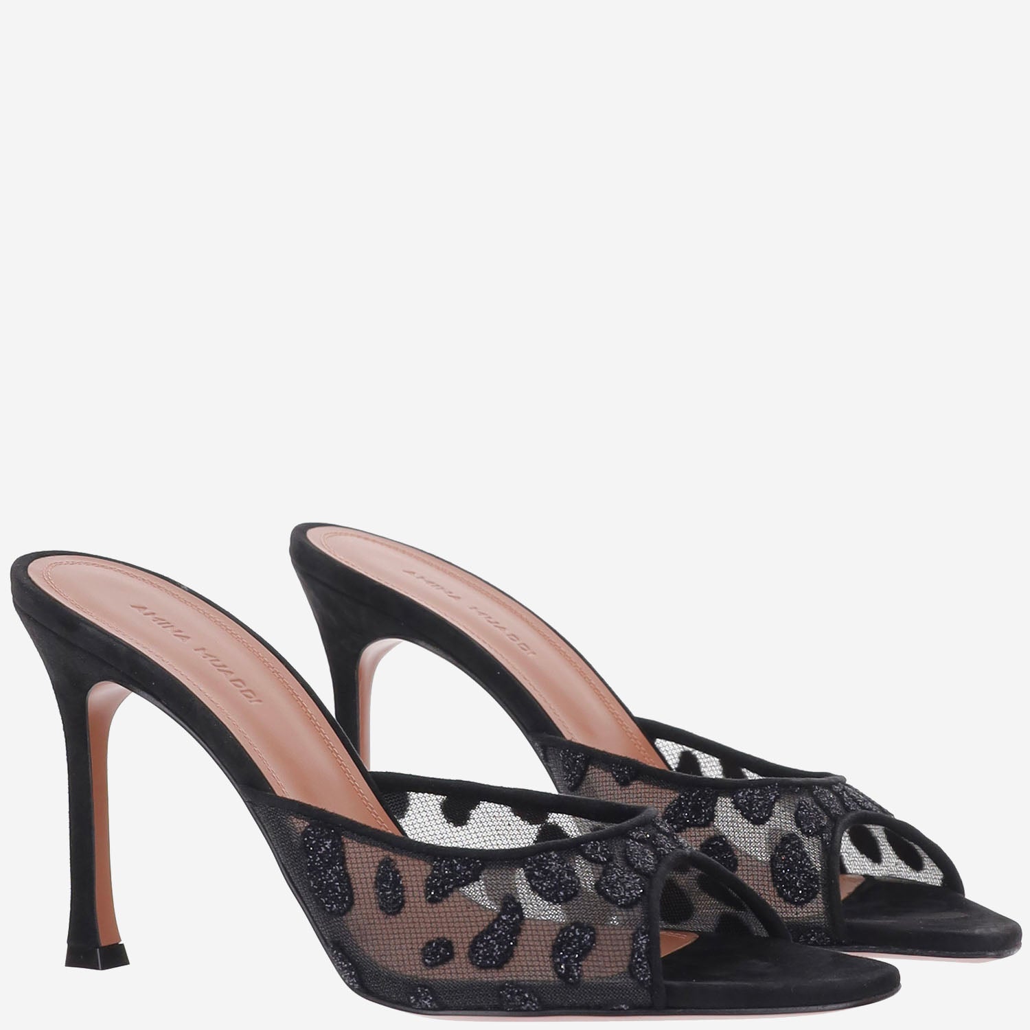 SANDALI ALEXA IN MESH E SUEDE CON MOTIVO ANIMALIER ALEXAMESHSLIPPER95 BLACKLEOPARD AMINA MUADDI 
