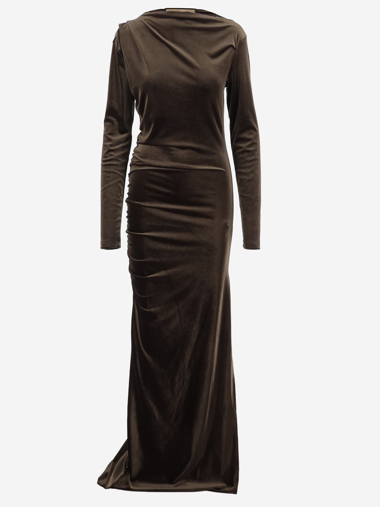 ABITO LUNGO IN JERSEY TECNICO STRETCH CON DRAPPEGGIO DAM26V09 BROWN DONT @ ME 