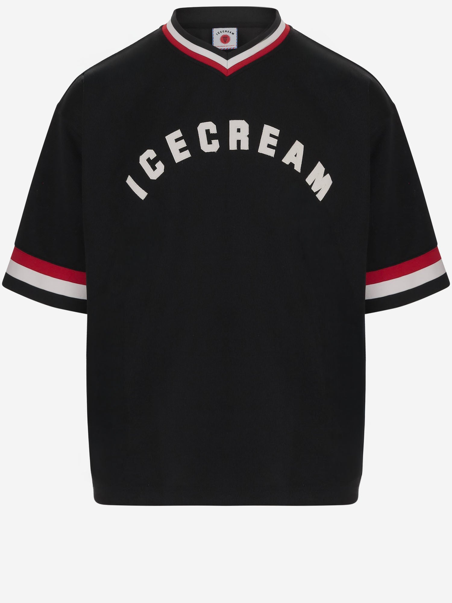 T-SHIRT IN NYLON CON LOGO E BORDI A RIGHE ICSS26286 BLACK ICECREAM 