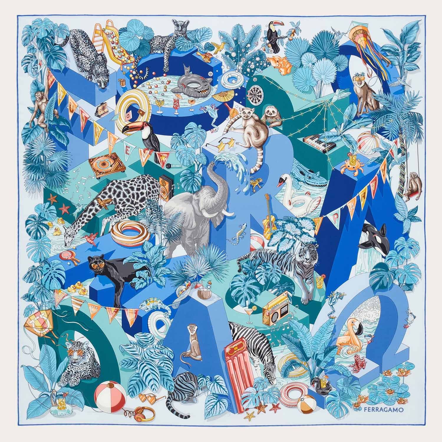 FOULARD IN SETA STAMPA JUNGLE PARTY 310242 003 SALVATORE FERRAGAMO 