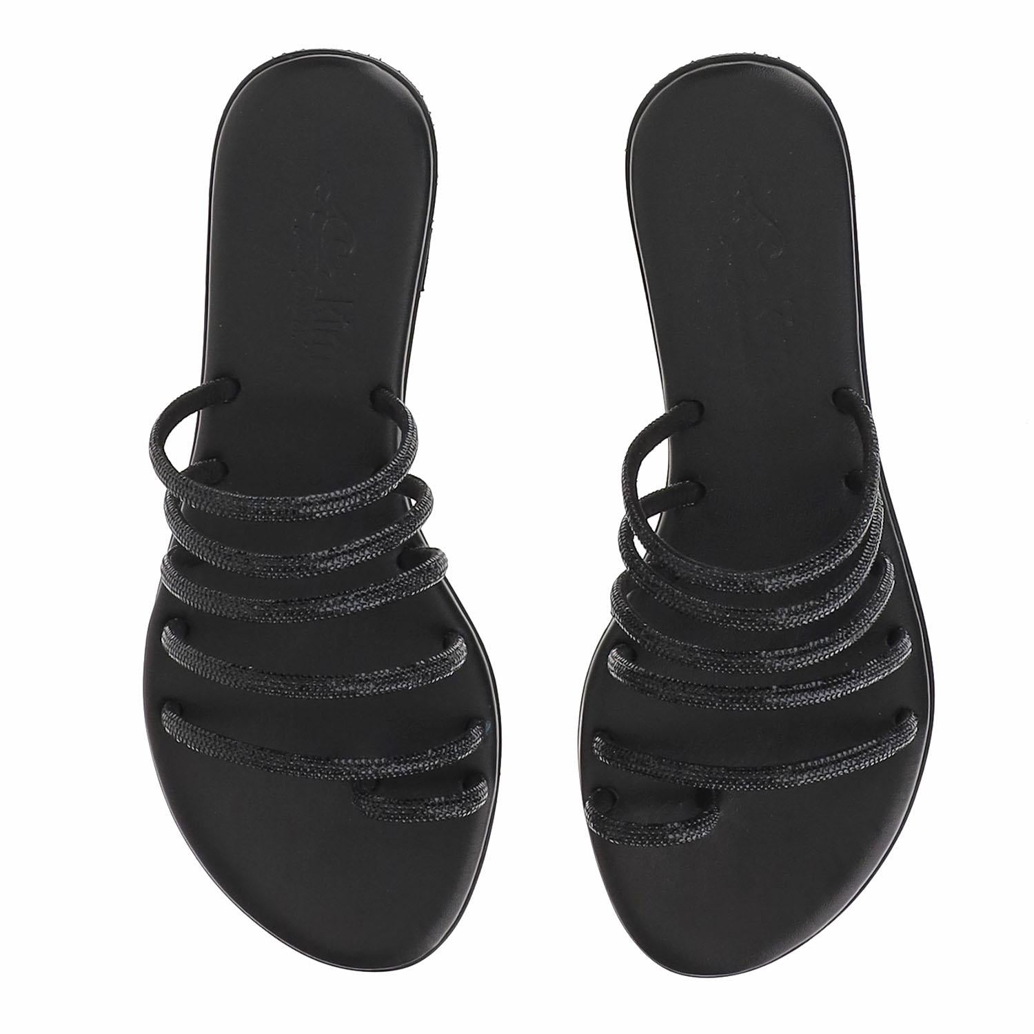 SANDALI IN PELLE CON STRASS KOS NERO OPACO KIMA 