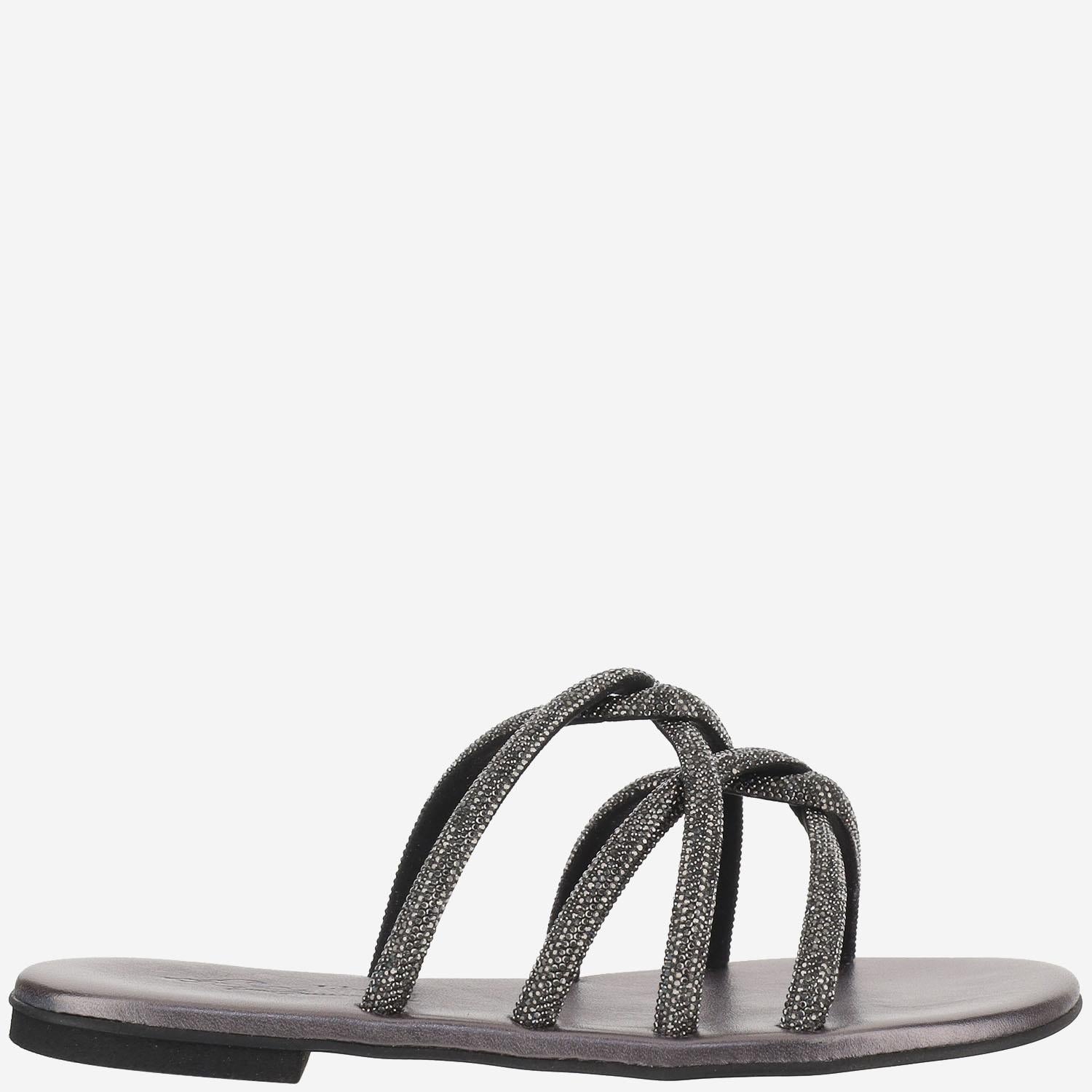 SANDALI IN PELLE CON STRASS TASO ANTRACITE KIMA 
