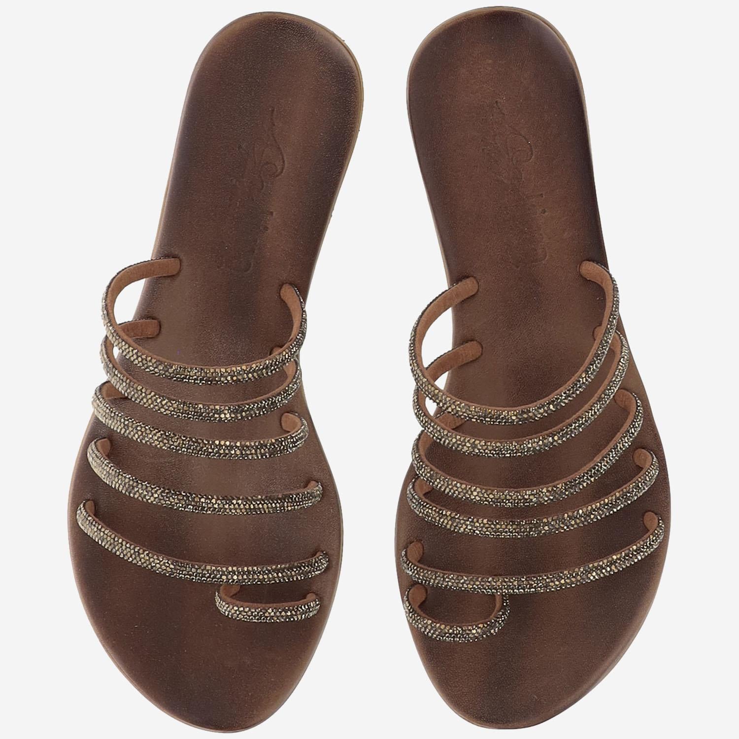 SANDALI IN PELLE CON STRASS KOS BRONZO MORO KIMA 