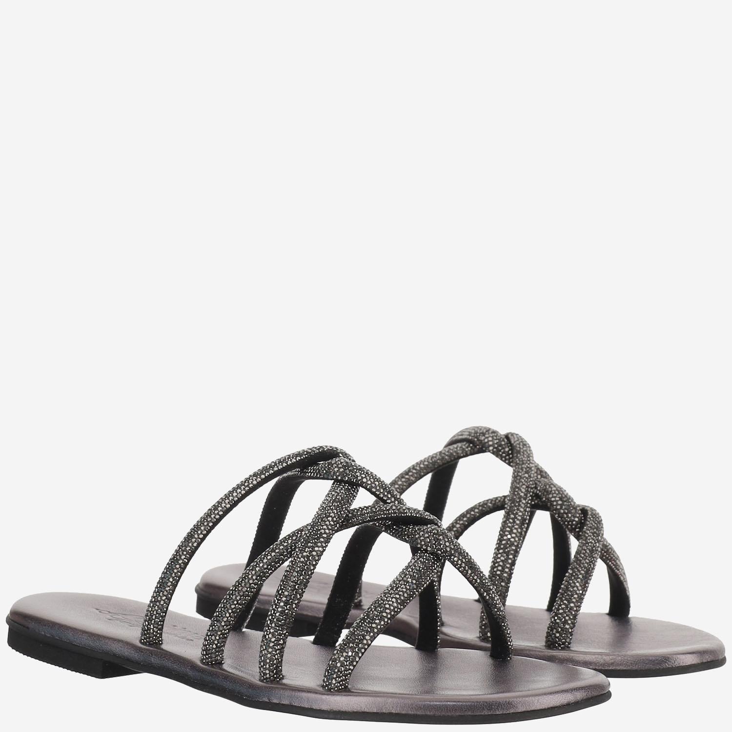 SANDALI IN PELLE CON STRASS TASO ANTRACITE KIMA 