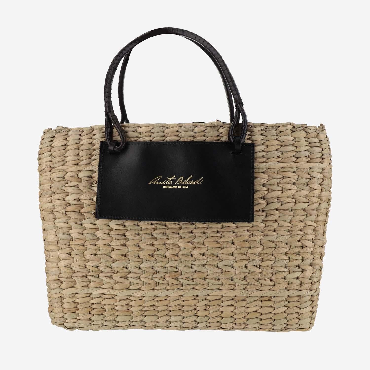 BORSA MEDIUM IN PAGLIA E PELLE PANDMEDIUM NERO ANITA BILARDI 