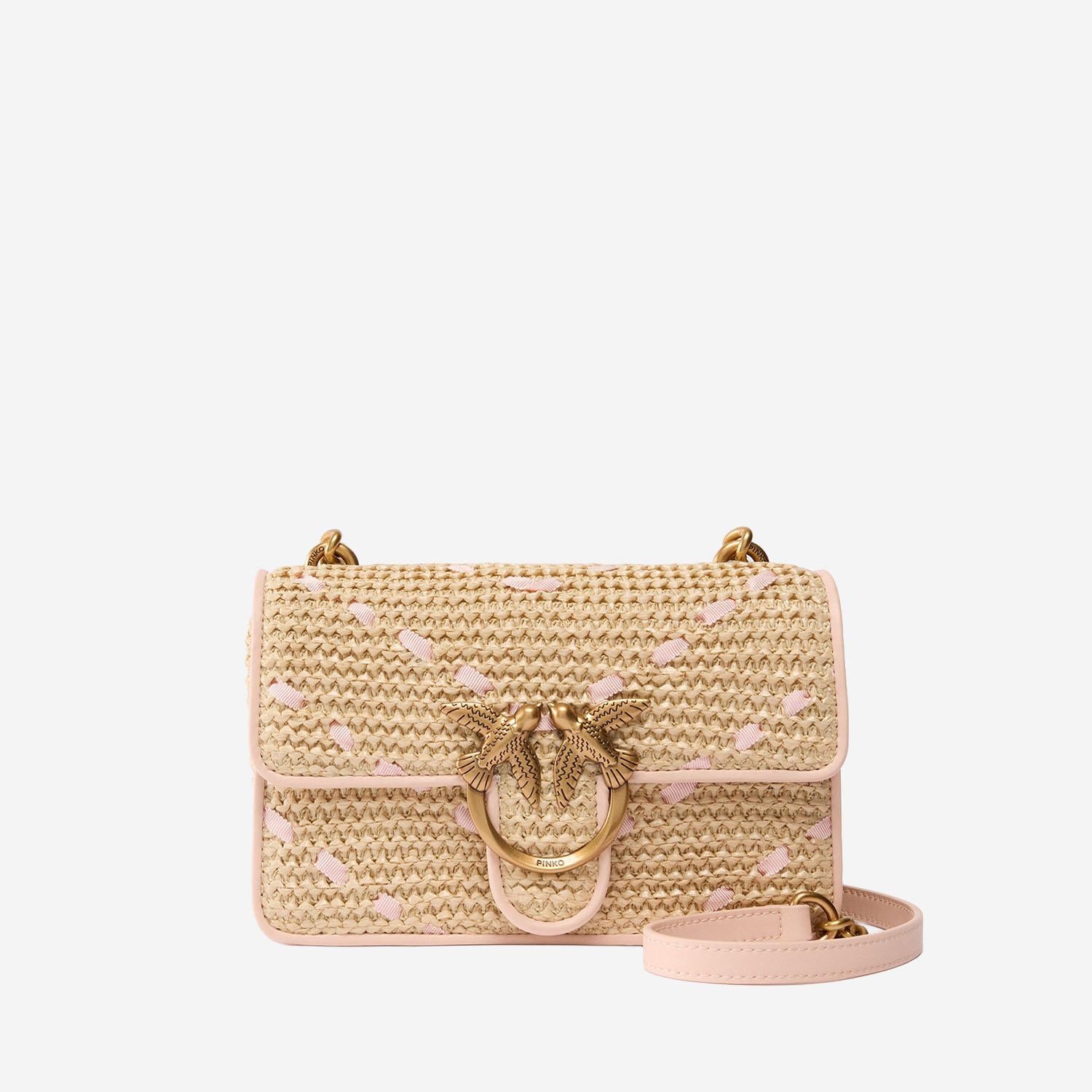 Borsa a tracolla Love One Mini Light in rafia chevron e pelle 104550 A1RLHN2Q PINKO 