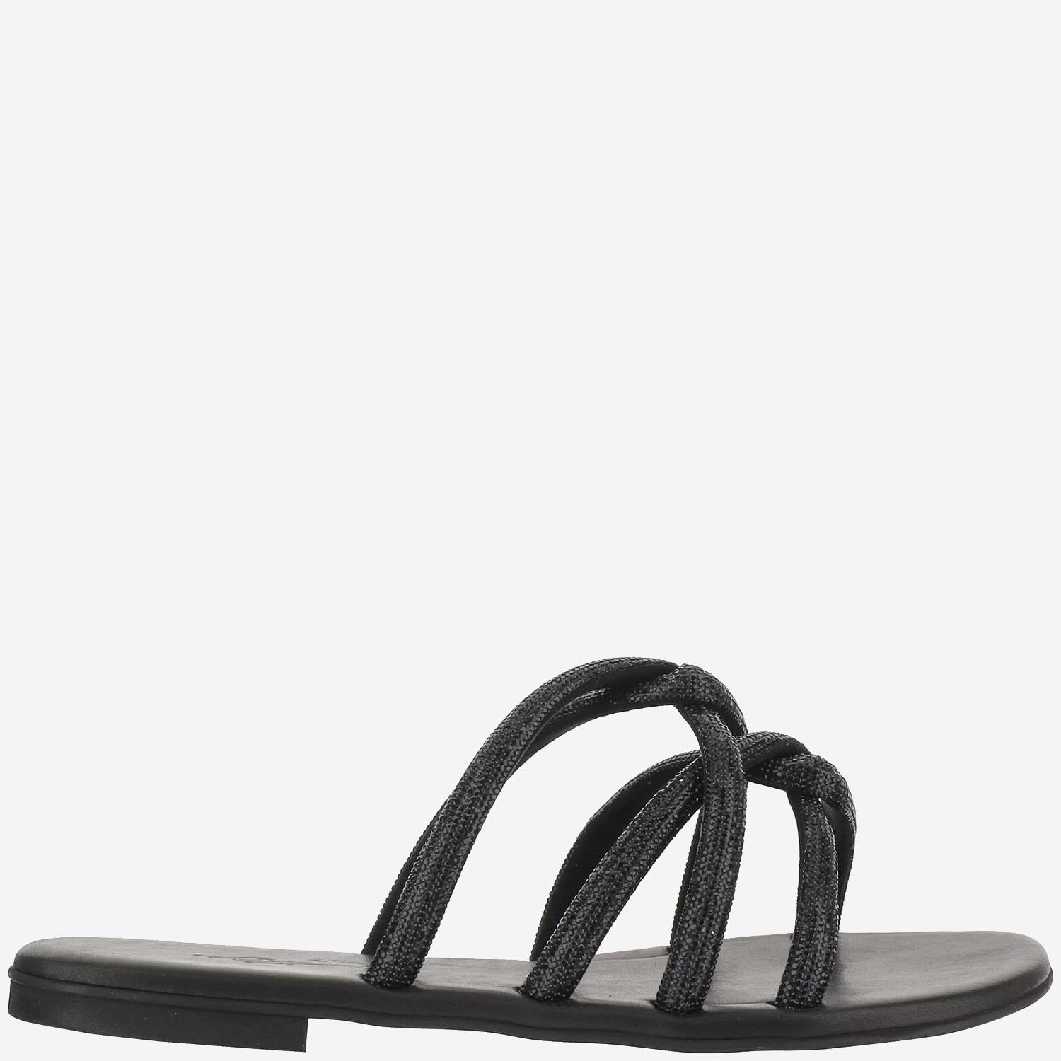 SANDALI IN PELLE CON STRASS TASO NERO OPACO KIMA 