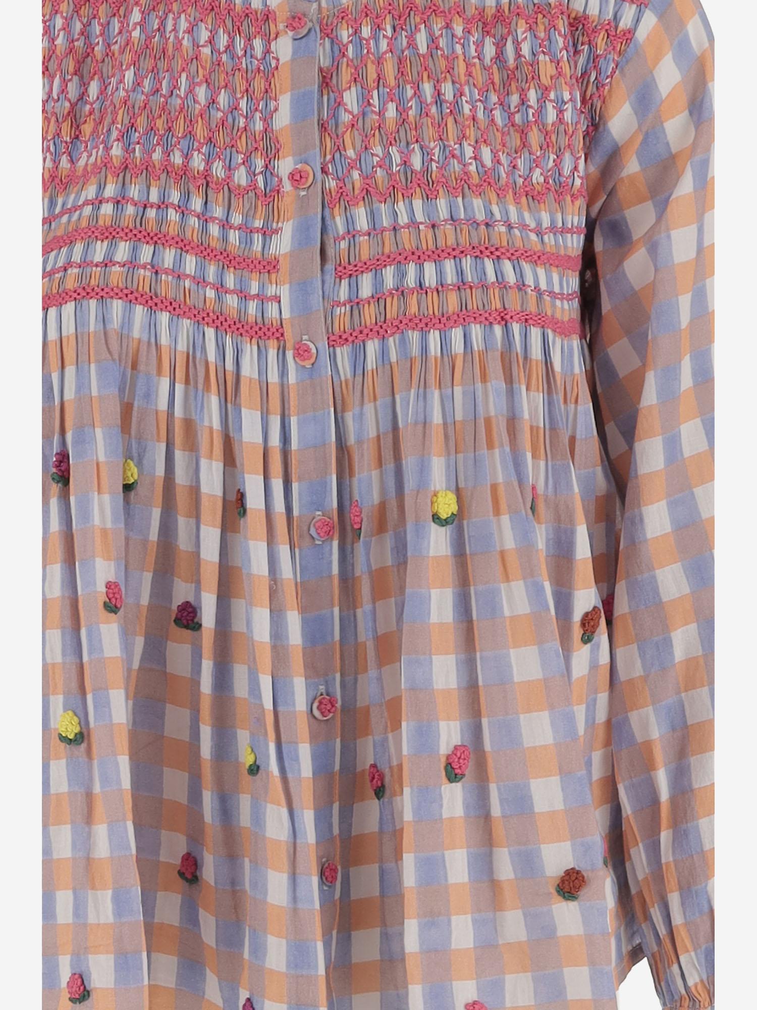 CAMICIA IN COTONE CON RICAMO FLOREALE E SMOCKING ADRIANA BLUE PHILIPPA 1970 