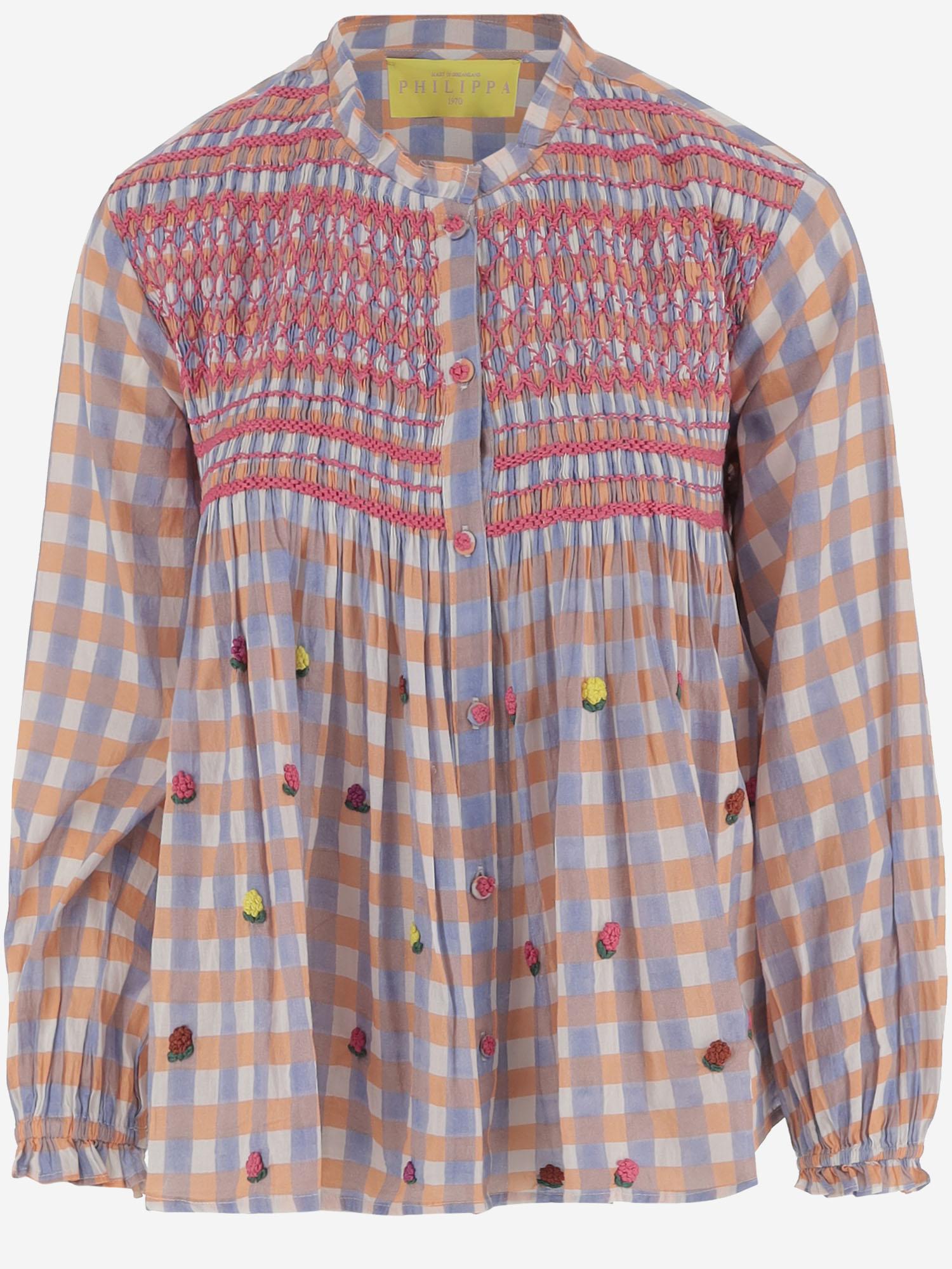 CAMICIA IN COTONE CON RICAMO FLOREALE E SMOCKING ADRIANA BLUE PHILIPPA 1970 