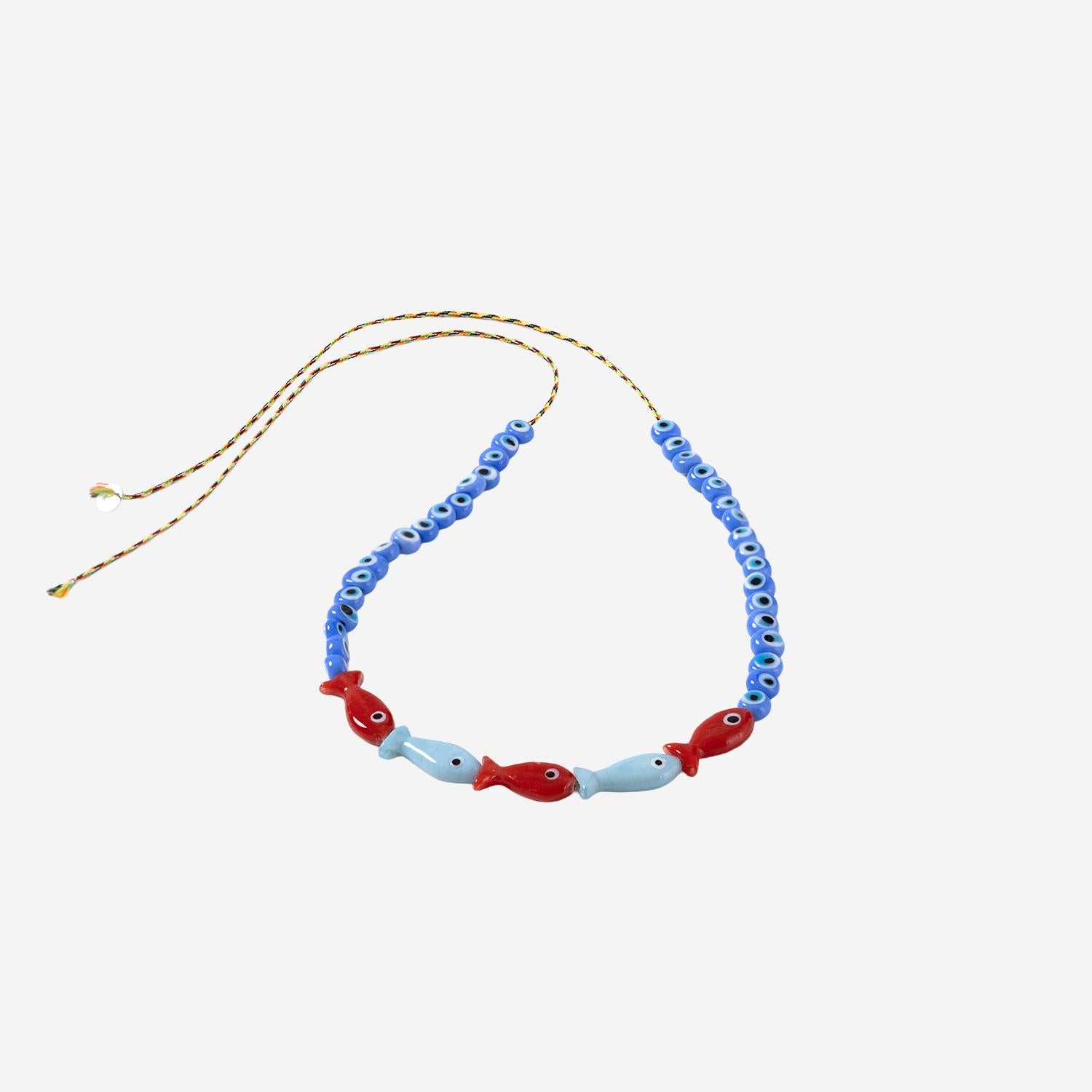 Collana in tessuto e perle di vetro FISHGLASSBEAD REDLIGHTBLUE SORBET ISLAND 