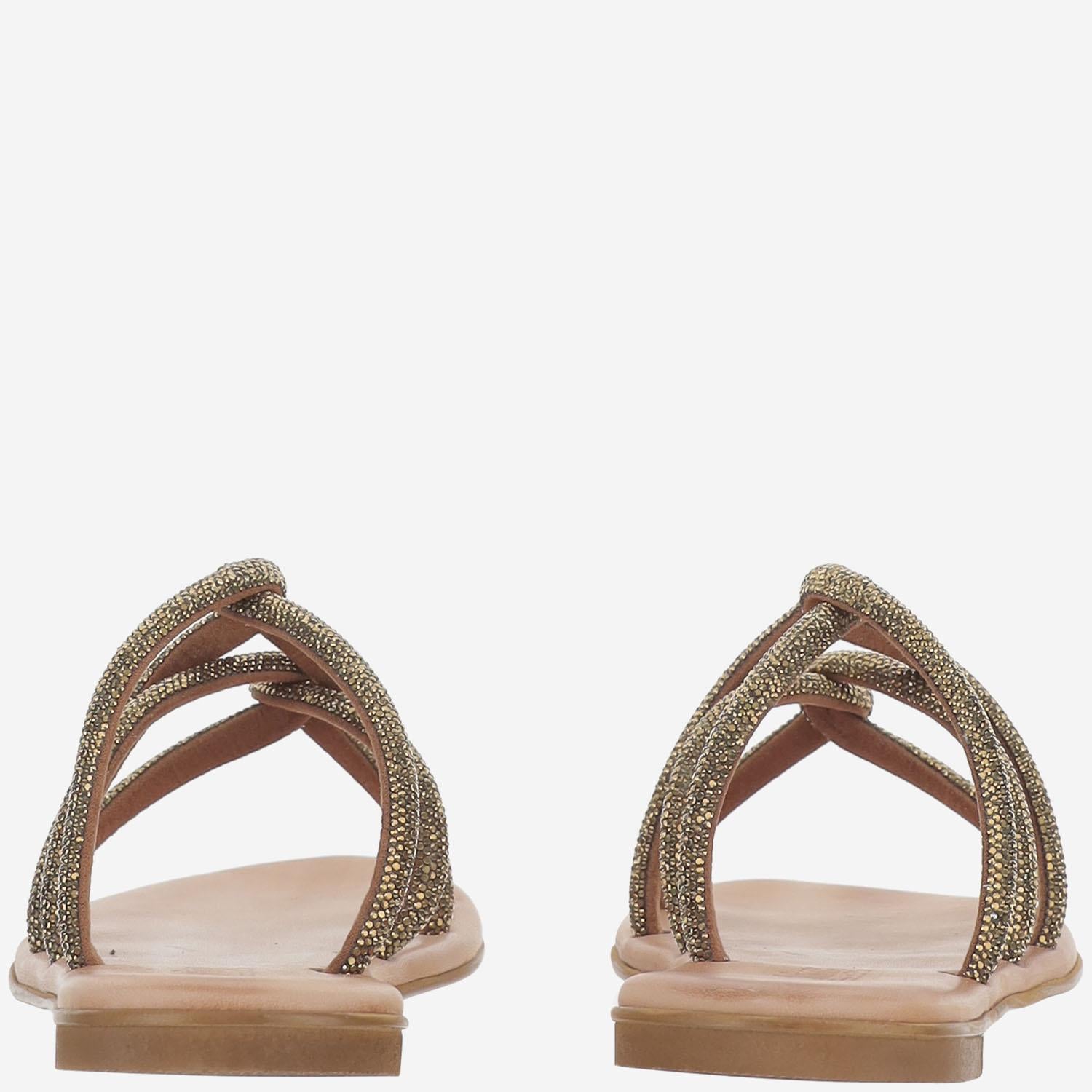 SANDALI IN PELLE CON STRASS TASO BRONZO KIMA 