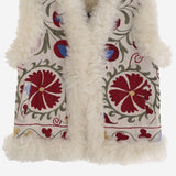 Gilet suzani con pelliccia di pecora BG101 WHITEWITHREDEMBROIDERY ZAZI 
