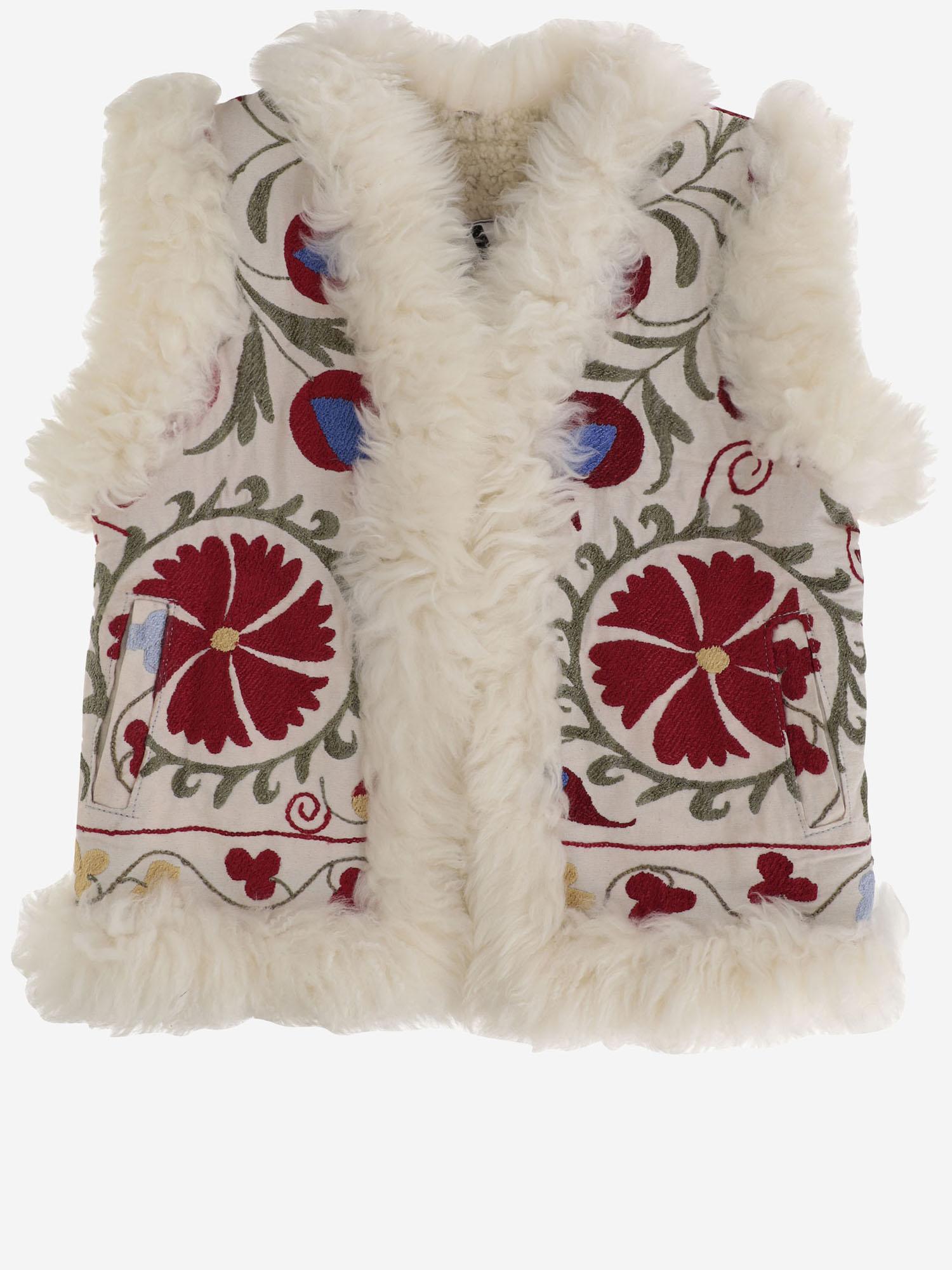Gilet suzani con pelliccia di pecora BG101 WHITEWITHREDEMBROIDERY ZAZI 