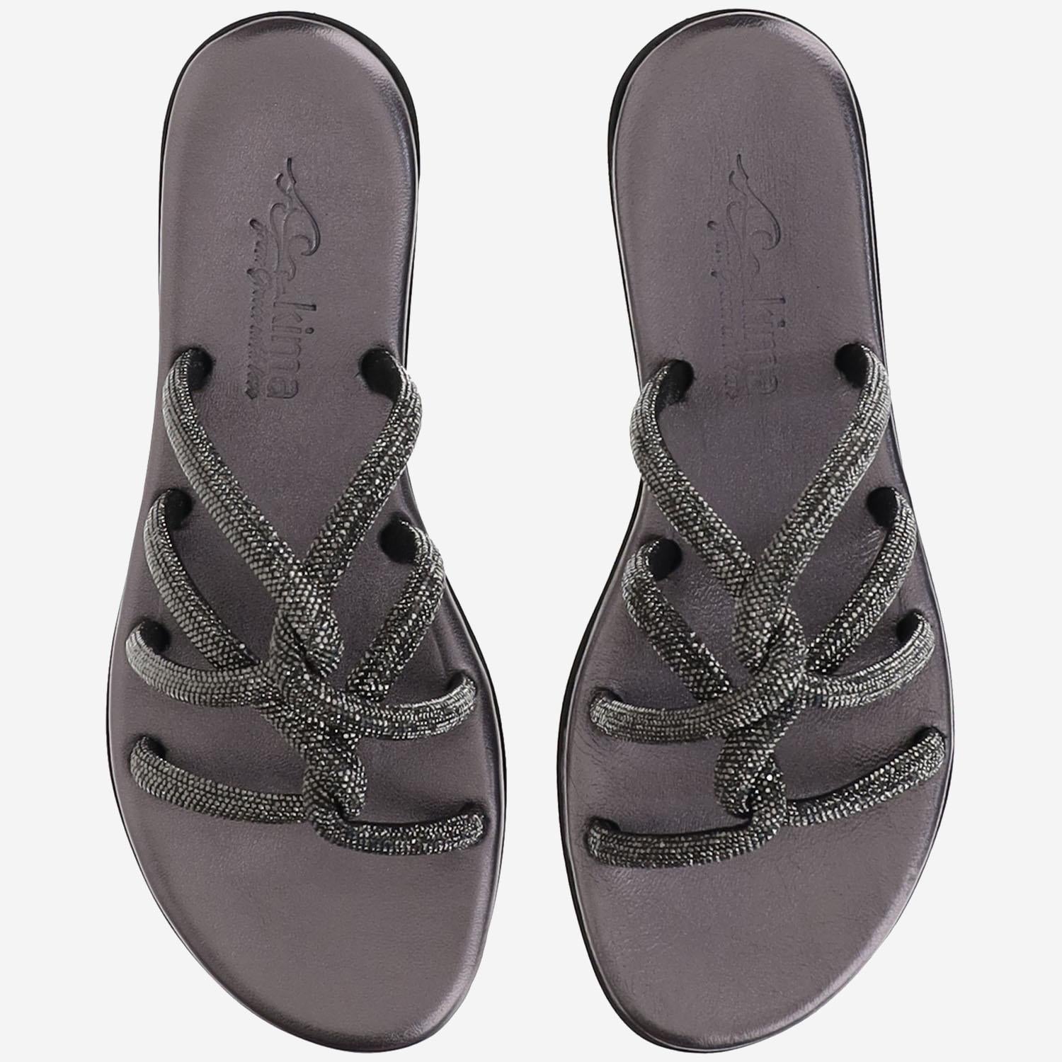 SANDALI IN PELLE CON STRASS TASO ANTRACITE KIMA 