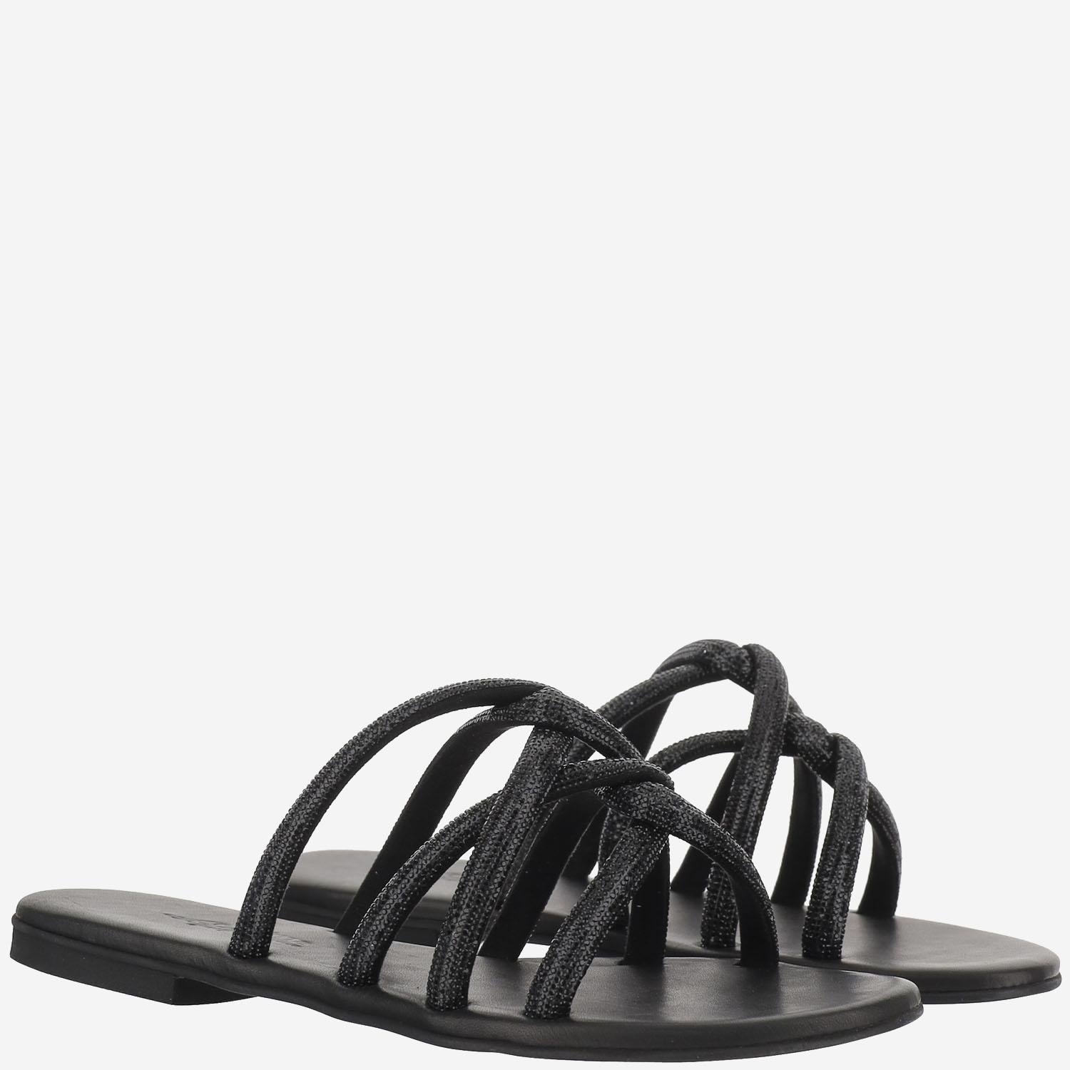SANDALI IN PELLE CON STRASS TASO NERO OPACO KIMA 