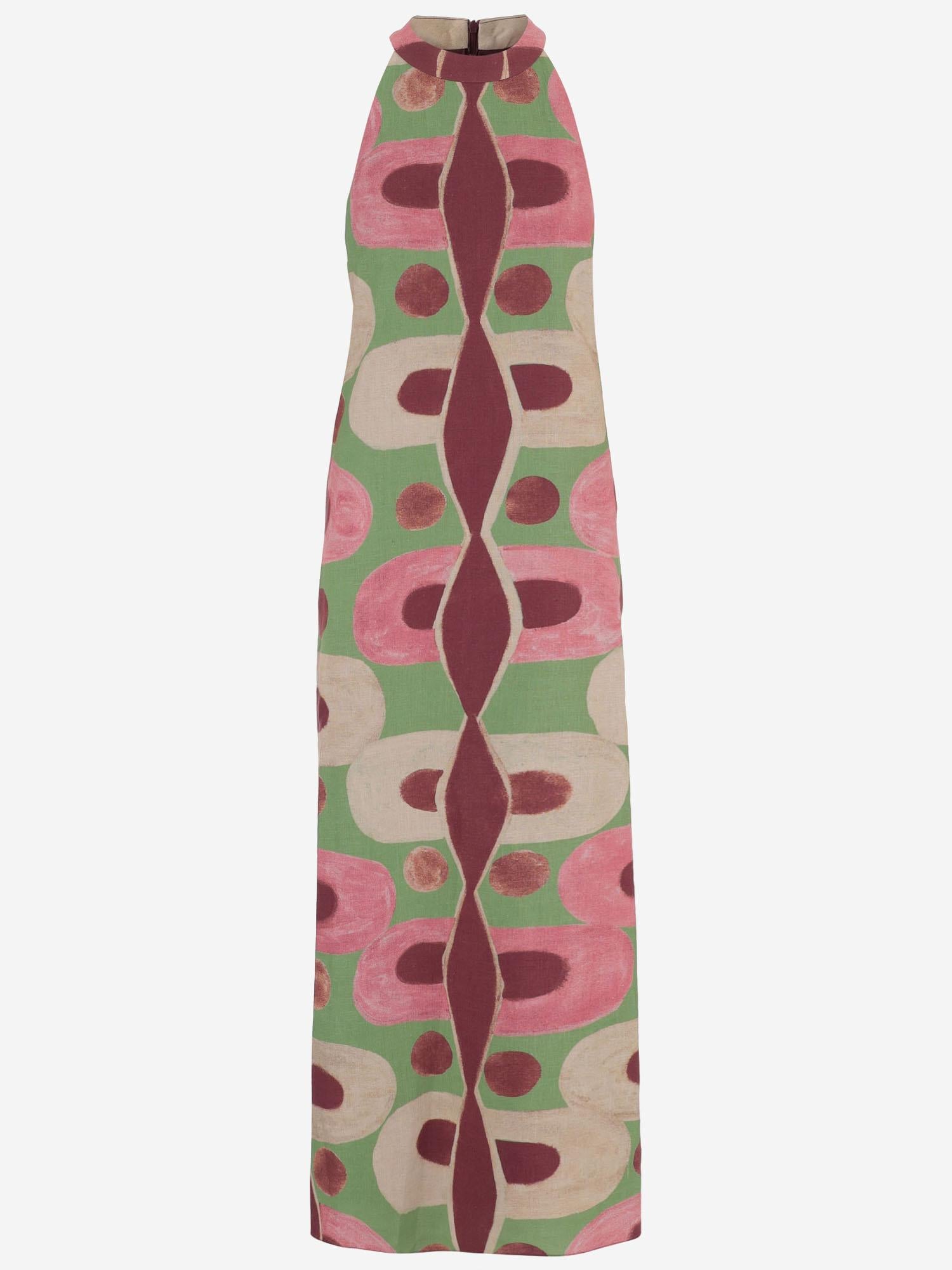 Abito lungo con  stampa geometrica in lino NOEMI PINKGREENBROWN PHILIPPA 1970 