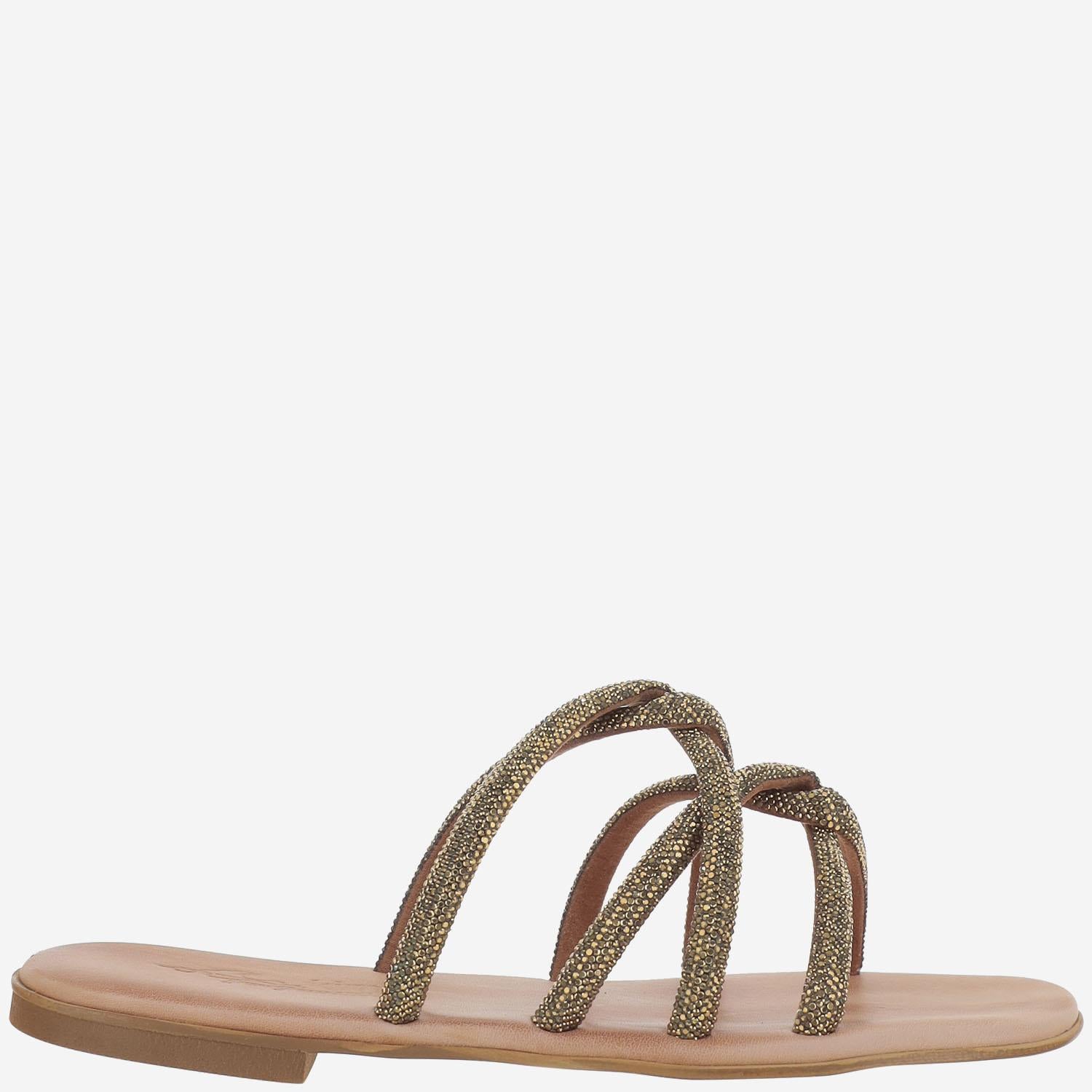 SANDALI IN PELLE CON STRASS TASO BRONZO KIMA 