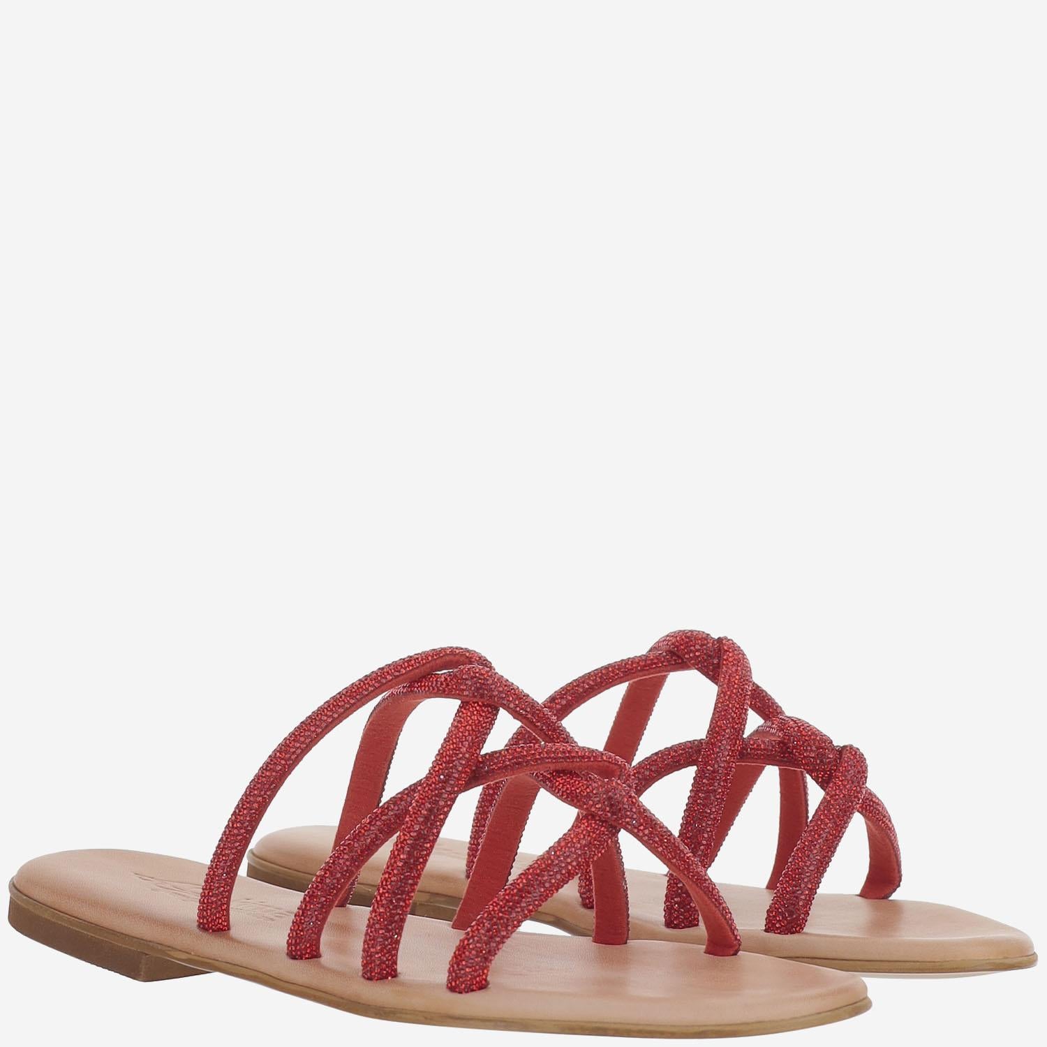 SANDALI IN PELLE CON STRASS TASO ROSSO KIMA 