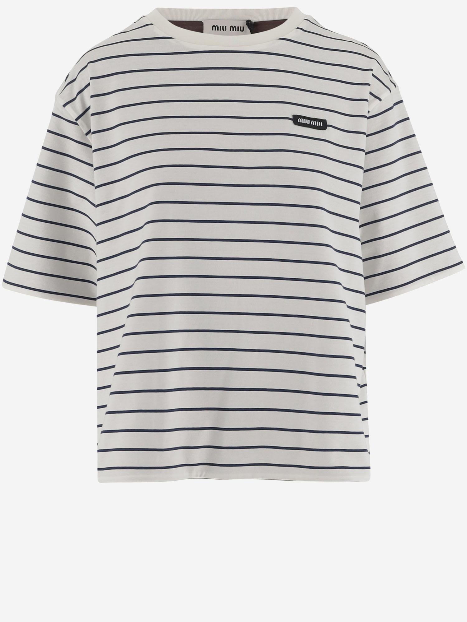T-SHIRT IN COTONE CON LOGO A RIGHE MJN569 17UYF04QA MIU MIU 
